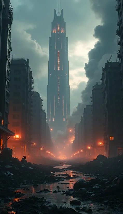 A dramatic, cinematic background showing a futuristic city in ruins, with smoke and fire rising. The setting is dark with intense lighting, creating a high-energy action atmosphere.