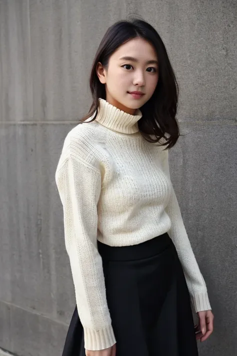  Female Adult、 white turtleneck sweater、 bra、 Black Long Skirt 、clear、