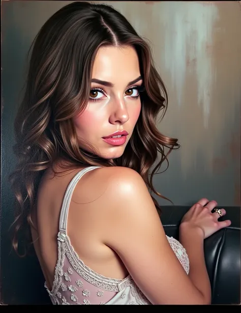 Dressed in sexy lace lingerie  ,  with a lace corset realistic oil painting version