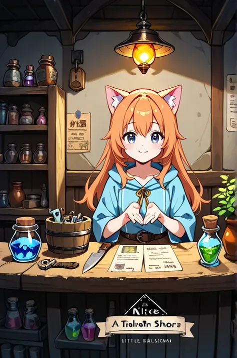 1girl,cat ears,kawaii,cute,fantasy clothes,little smile,BREAK,(fantasy tool shop:1.3),nice pose,a bunch of medicinal herbs,potion,hardware,aisles,shelves,tool section,hardware section,a balance,plants, lantern,wooden bucket,scrolls,blackboard,vase, pot,jar...