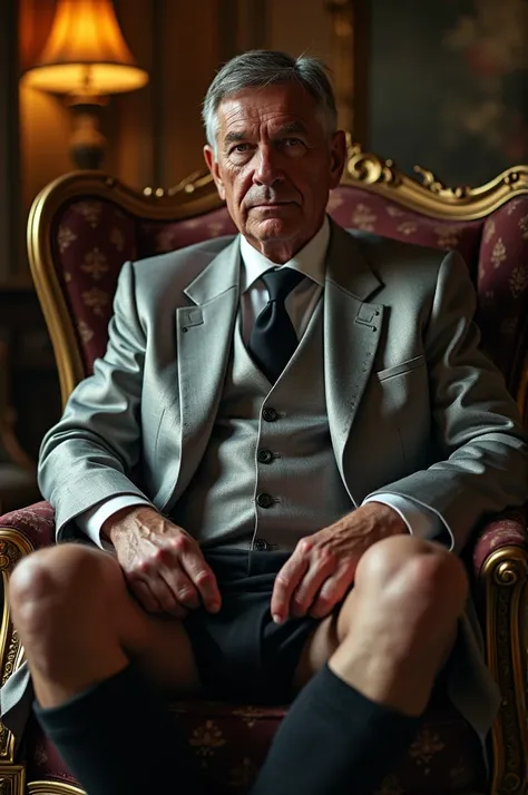 Alex Ferguson, in silver silk coat, silk Scotish silver kilt and black tie, showing naked knees and penis, Very detailed,  high resolution , master part, best quality,  Intricate Details,  highly detailed , sharp focus, detailed skin, texture de pele reali...