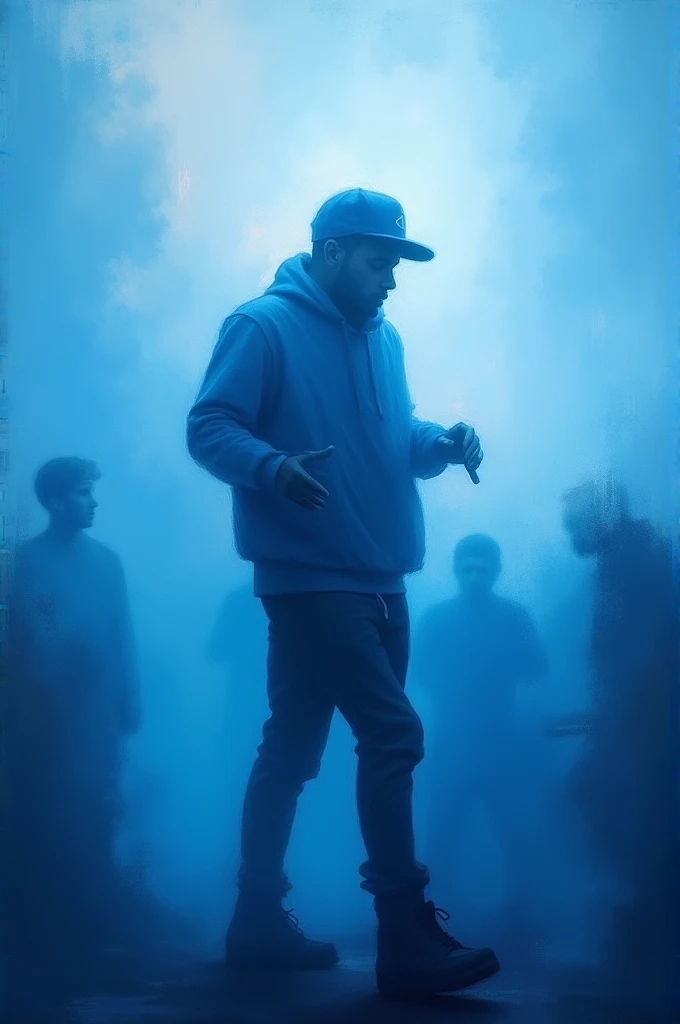 Rapper singing to the public but made like a blurry and abstract artistic painting where the color blue predominates