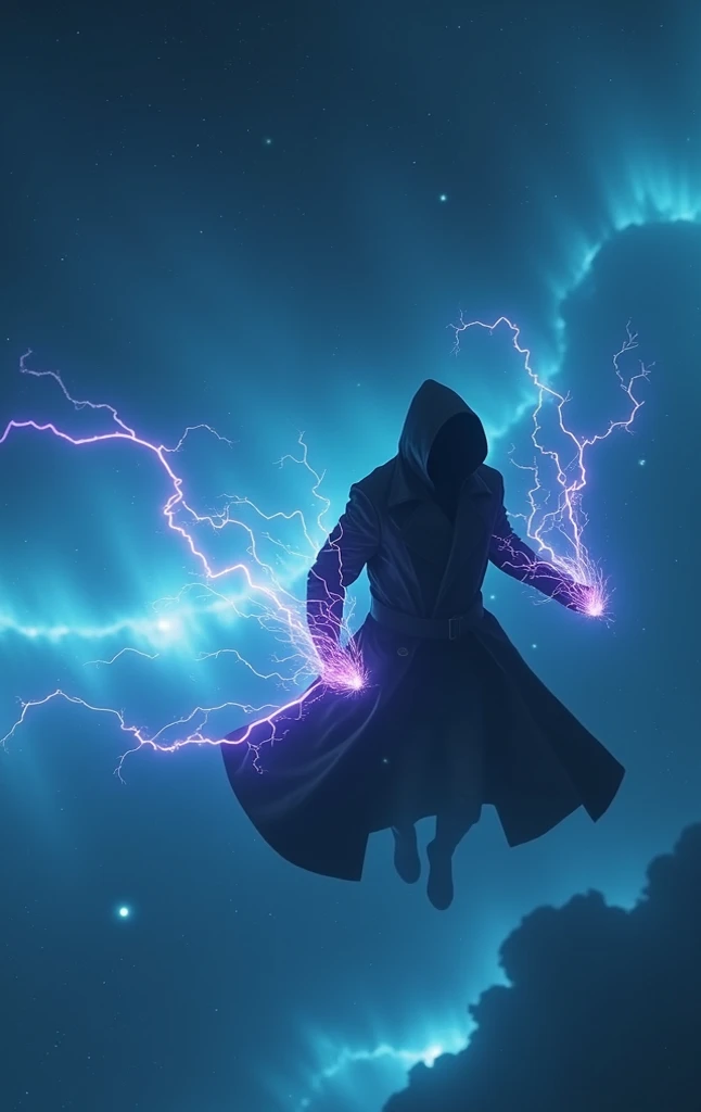 An enigmatic man wearing a hooded black trench coat flying through a galaxy faster than lightspeed. His body is covered in purple sparks of electricity and energy aura.