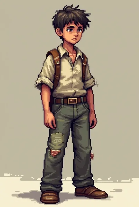 Make a young man wearing old clothes in pixel art format  