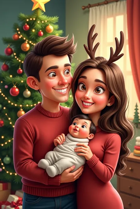 Christmas Themed Christmas Theme Full Figure Caricature of Couple Holding Newborn with Christmas Tree in Cartoon Style 