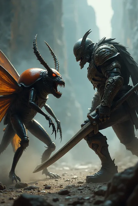 A dramatic scene where a fierce beetle and a warrior, heavily armored with weapons, are facing each other in an intense, angry standoff. The beetle has a powerful, enraged expression, with its large pincers raised and its exoskeleton glistening under the l...