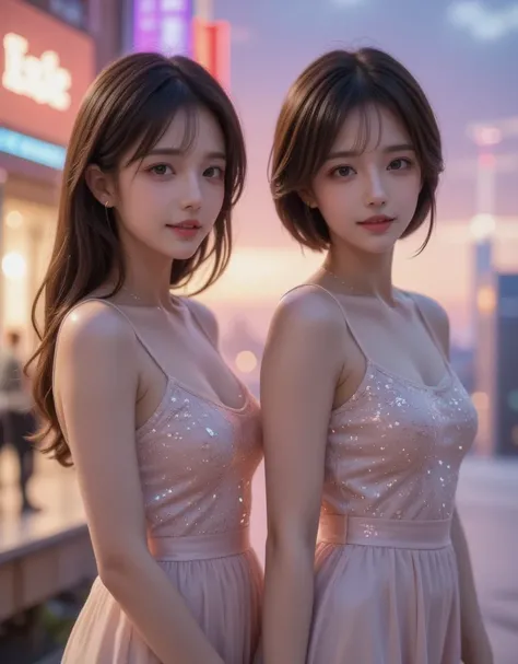  twin sisters  ,  Beautiful Virtual Idols  ,  Detailed Digital Avatars  ,  Bright Holographic Figure , Clear Sparkling Skin  ,  detailed facial features  ,  charming smile  , Delicate expression,  Long Flowing Hair ,  elegant poses ,  Surreal Futuristic En...