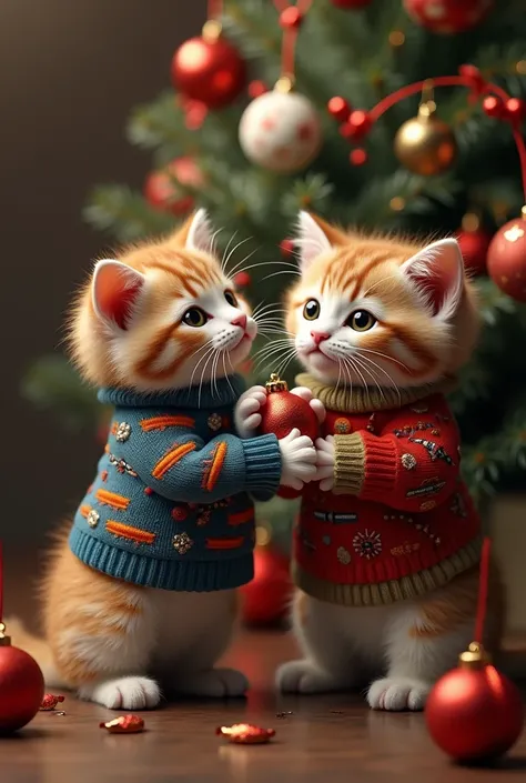 ((masterpiece, highest quality, Highest image quality, High resolution, photorealistic, Raw photo, Extremely detailed CG unified 8k wallpaper)), Sweater-clad kittens attach fish ornaments to a Christmas tree,