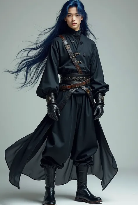  pre Teen Asian Japanese Boy With Long Flowing Dark Blue Hair, With a Sadistic Coy Smile, Wearing a Baggy Medieval Leather Warlock Outfit With Long Baggy Sleeves that Reaches the ground, With Long Skirt, a Black Dress Shirt,  Black Leather gloves, and Bagg...