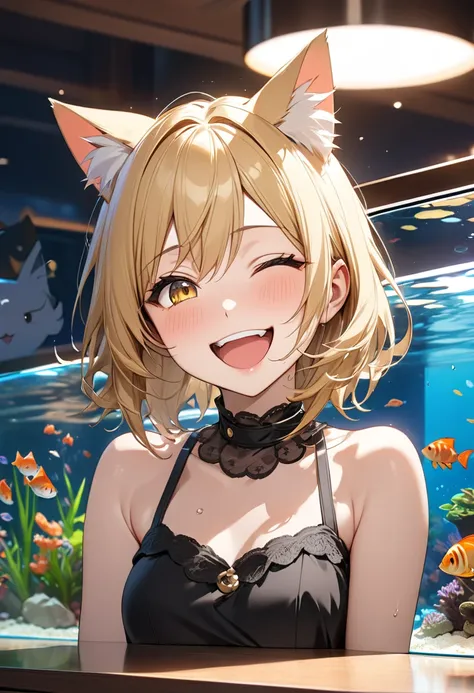  1 girl, 
masterpiece,  high definition , accurate,  top quality,  very detailed,  textured skin,  shortcut, Blonde,  small tits, slender ,With an aquarium in the background,Cat ears, Golden Eyes,Lori,Laughing/ good laugh, Character portrait,  anime style,...