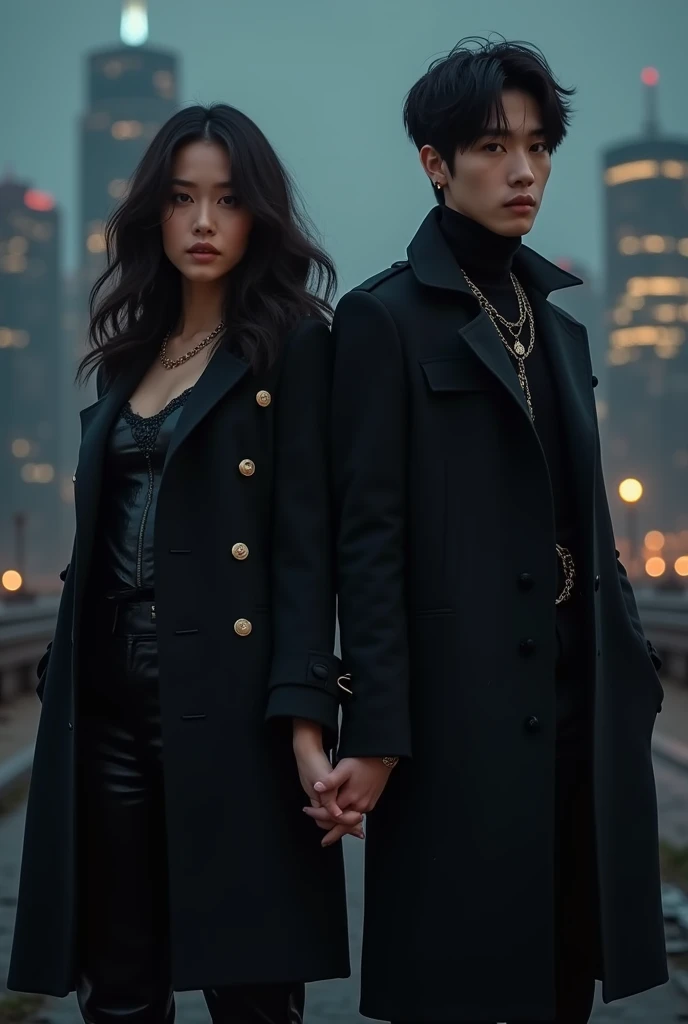 Danna Paola and Jeon Jungkook holding hands wearing black cool clothes