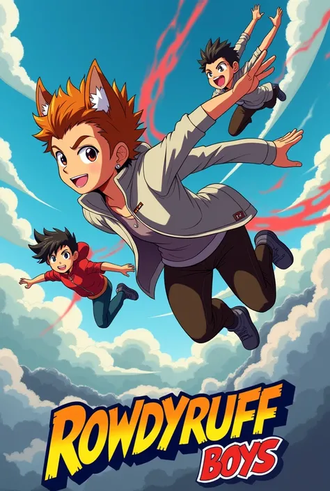 Japanese anime poster with dynamic and action vibes, featuring the Rowdyruff Boys flying with colored contrails expelling from them. The title reads Rowdyruff Boys 