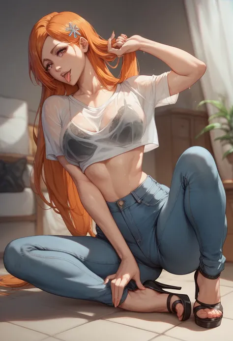 Orihime Inoue from Bleach is wearing a crop top jeans and high heels we can see her toes and her nails are painted orange she is sweaty and has her tongue out under the crop top she has a black bra full body picture.