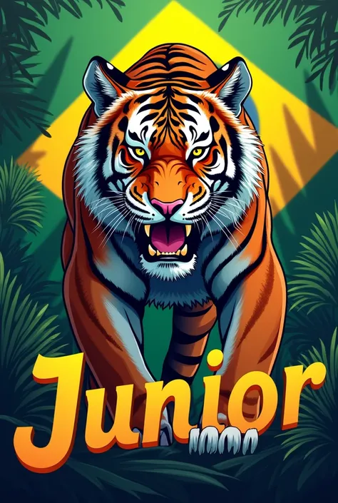 Tiger with the Brazilian flag and the word Junior 
