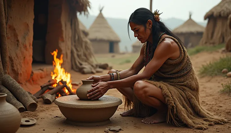  There is a bonfire nearby，Ancient indigenous woman making clay pots. He was wearing animal skins，In the background, you can see the straw houses of the ancient village