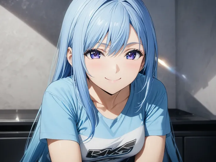 Anime production:1.3,masterpiece、smile、  best quality, girl,T-Shirts, watch viewers ,smile, high definition , Blue Hair/ light blue hair, 24 years old　Relax at home、 top quality,  high definition model,  long hair, 