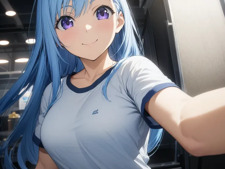 Anime production:1.3,masterpiece、smile、  best quality, girl,T-Shirts, watch viewers ,smile, high definition , Blue Hair/ light blue hair, 24 years old　Relax at home、 top quality,  high definition model,  long hair, 