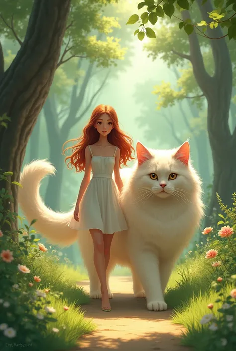 Yunita walks with a big angora cat