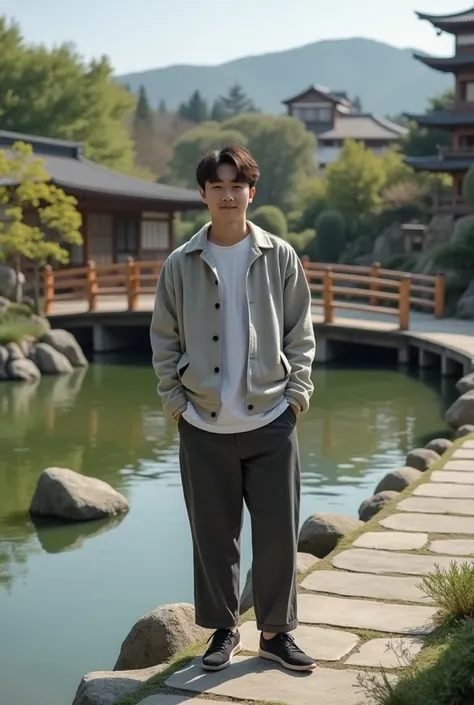 A handsome Korean young man wearing clothes ,With back screen A serene Japanese garden with a stone pathway leading to a wooden bridge over a calm pond. There are rocks, plants, and a few wooden structures. The background contains a few buildings. The over...