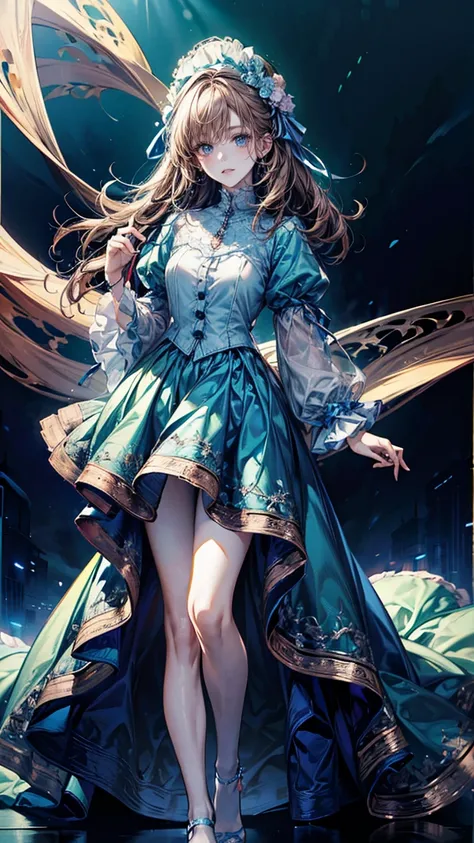 Full-body view, magazine cover-style shot, 8K resolution, high detail, around 20 years old, (one female), medium-length hair, brown hair, light blue eyes, lolita-style outfit, translucent fabric accents, light blue gemstone embellishments, ((UHD, masterpie...