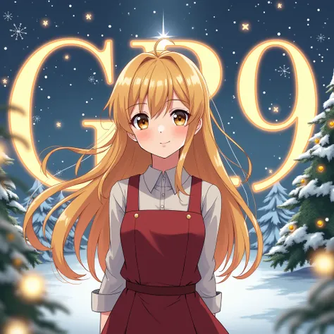 Christmas. Cool golden-haired girl anime with the word GR9(Capital letters)Behind it is apparently 