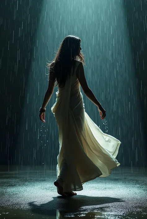 A minimalist masterpiece featuring an Indian woman named Urvashi wearing saree dancing gracefully amidst a pouring rainstorm. Her rain soaked flowing dress blends seamlessly with the rain, creating a captivating and sensual visual effect. The ground beneat...