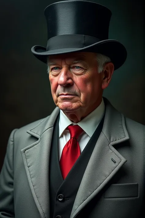 Alex Ferguson, wearing silver coat, silk shirt, red tie, have Victorian top hat, Very detailed,  high resolution , master part, best quality,  Intricate Details,  highly detailed , sharp focus, detailed skin, texture de pele realista, texture,  detailed ey...