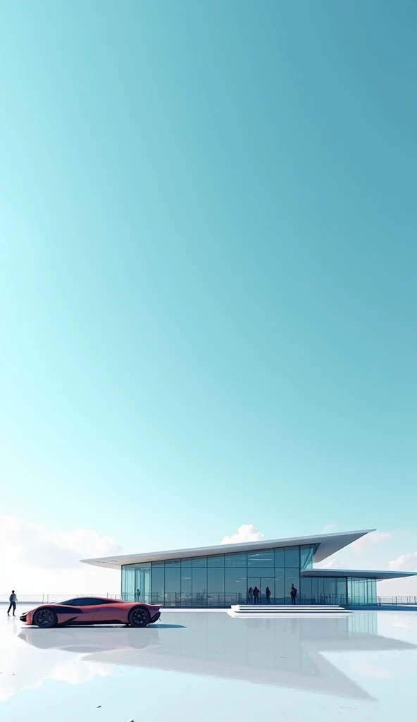 Clear sky、futuristic house、In front of the house 、Futuristic sports car、 there are no people