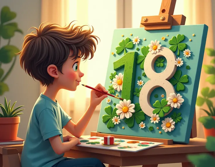 a logo with clovers, daisies, a paintbrush, a palette, forming the number "18" and a large music note, a student is painting, simple, digital painting, vibrant colors, dynamic composition, intricate details, whimsical, charming, warm lighting, soft texture...