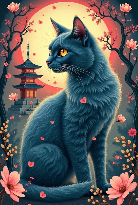 A surreal and intricate illustration of a mystical cat in a dreamlike Japanese-inspired setting. The cat has enchanting, otherworldly features, such as luminous eyes and flowing fur that blends into an abstract, whimsical landscape. Surround the cat with s...