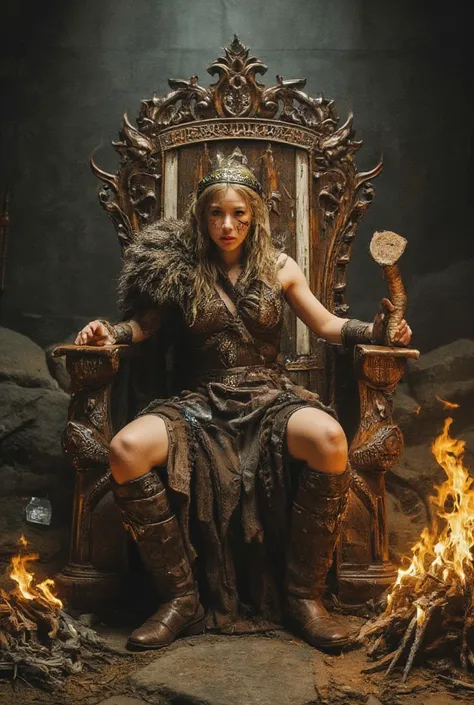  "A powerful female Viking chief, sitting on a throne carved from wood and bone, surrounded by flickering torches. Her face is painted with war markings, and she holds a horn of mead, exuding authority and wisdom."