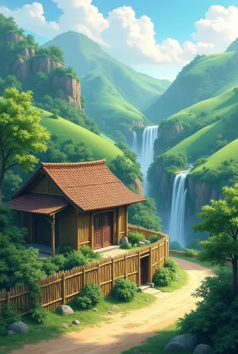 Bamboo house with tile and bamboo fence in the yard . on the edge of the dirt road and the green hills with cascading waterfalls are so beautiful