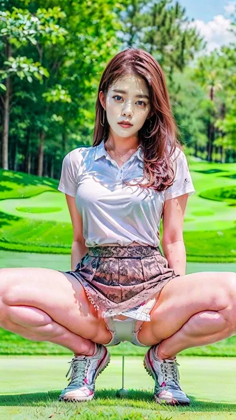 8k, (masterpiece, best quality:1.3), (very detailed :1.2,) perfect anatomy, Beautiful Japanese woman, (squat:1.4), Golf squatting, (Spread her legs so that her crotch is clearly visible :1.5), open leg, (Arms folded behind back:1.3), Healthy Thighs, beauti...