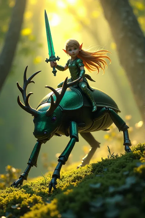 A tiny elf warrior with emerald armor and a glowing sapphire sword rides on the back of a majestic stag beetle. The beetles glossy carapace reflects the soft golden glow of a setting sun, while dew-laden moss carpets the forest floor. The elf leans forward...