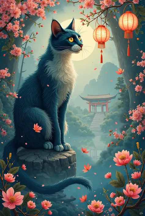 A surreal and intricate illustration of a mystical cat in a dreamlike Japanese-inspired setting. The cat has enchanting, otherworldly features, such as luminous eyes and flowing fur that blends into an abstract, whimsical landscape. Surround the cat with s...