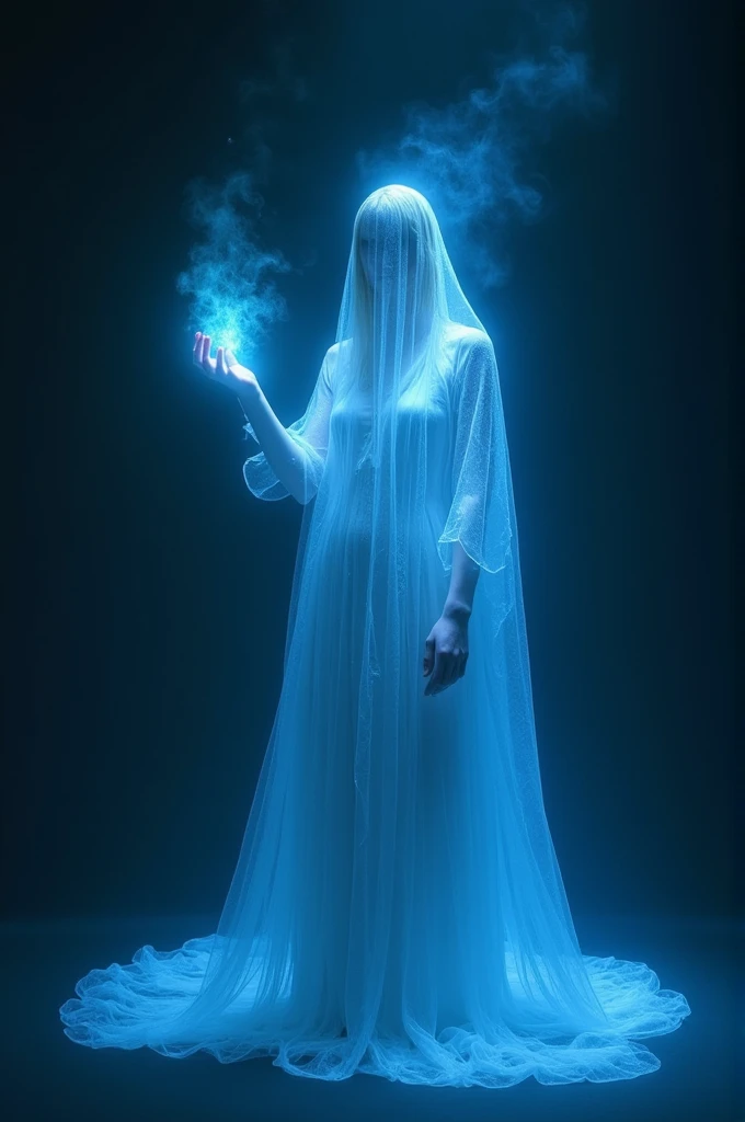 Create a high-fidelity image of a person with a blurred face, dressed in a flowing, semi-transparent gown that emits a blue, ethereal glow. The person should be holding up one hand, from which blue, mystical energy emanates. Use low-key lighting with the p...