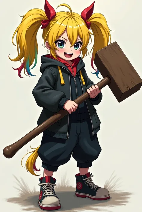 Anime girl  wears a black jacket and black pants and has yellow hair in the form of two horse tails with red, blue and green hair, holds a huge wooden hammer and has a clown smile Evil 