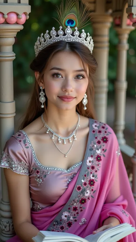 Full closeup, young woman, sitting under castle swing with crafted four pillars surrounded flowers garden, reading book, silver tiara crown with a single peacock feather in front crown, wearing a bright pink and levender silk floral embroidery sari, innoce...