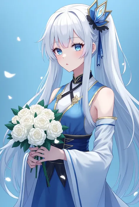  Ganyu character in 8k with blue background, with white roses in his hand 