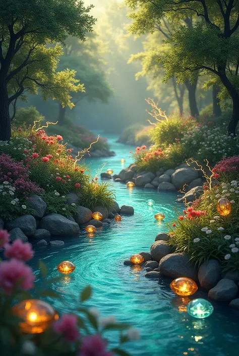 A river beside a garden like a paradise that filled with precious stone and gold lightening the river
