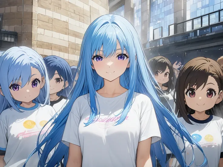 Anime production:1.3,masterpiece、smile、  best quality, girl,T-Shirts, watch viewers ,smile, high definition , Blue Hair/ light blue hair, 24 years old、 Multiple People、 top quality,  high definition model,  long hair, Full body shot