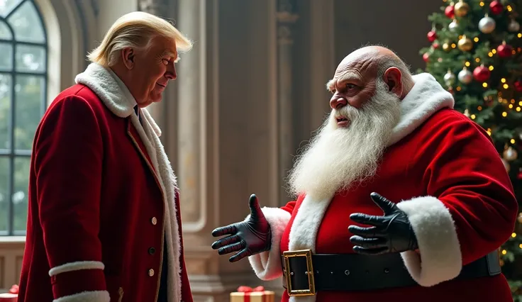 Realistic Donald Trump says hello to a scary fat jabba dressed as Santa Claus.  against the background of a futuristic castle inside , there is a Christmas tree ,  under which there are a lot of gifts .