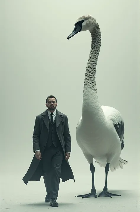  A man in a long blazer walks with a giant swan that is predominantly white and spotted. And walks up to the camera .