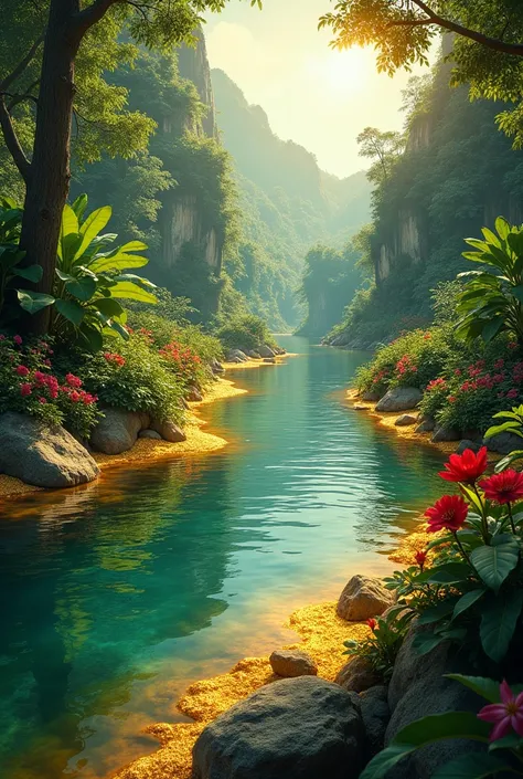 An overview of a river that has gold beside a garden of paradise 
