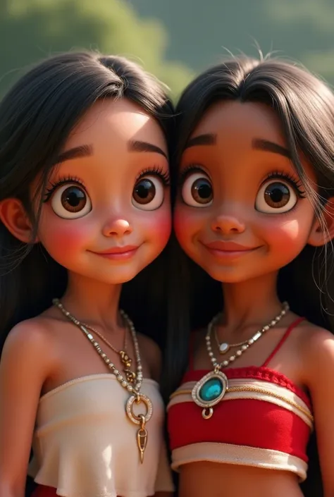  Baby Cinderella and baby Moana are standing side by side. Their faces close up  