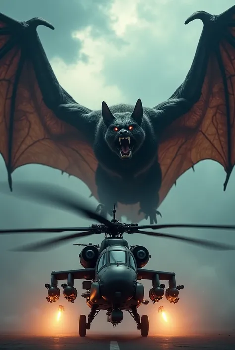 A dramatic scene where an enormous, enraged bat and a military helicopter are facing each other in an intense showdown. The bat has large, powerful wings spread wide, its sharp fangs bared, and glowing eyes that radiate aggression. Its dark, leathery wings...