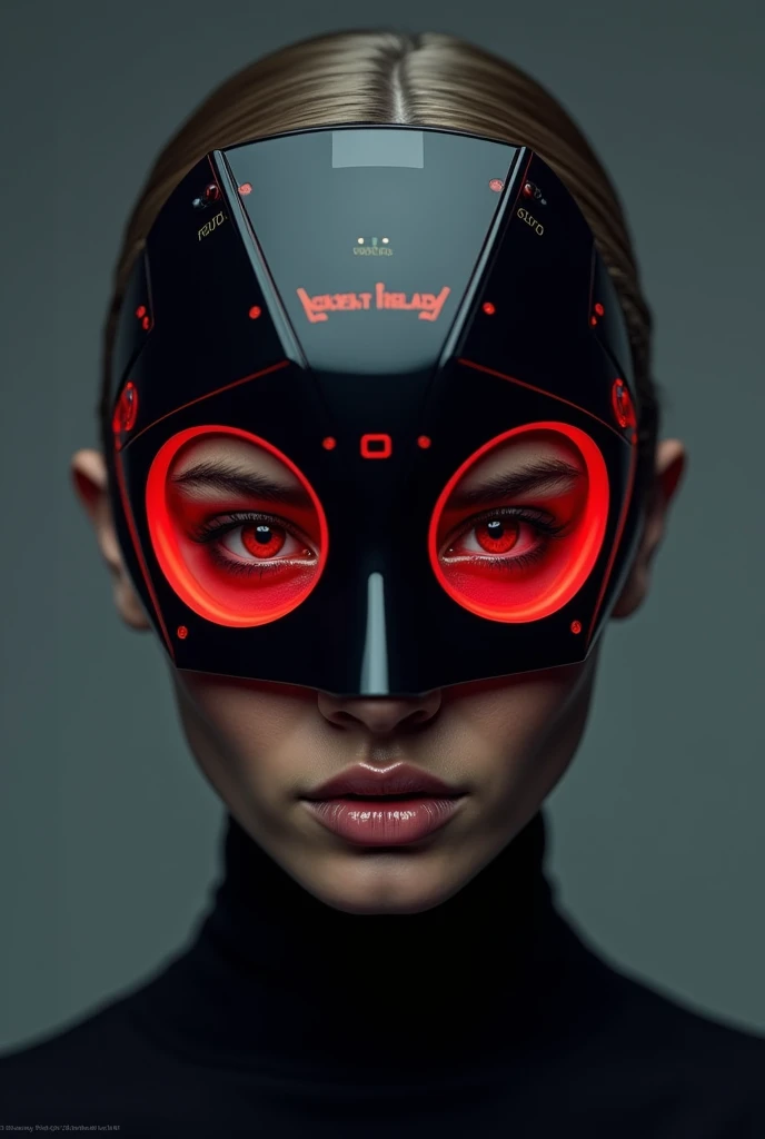 A photo of a woman wearing a unique mask with the text "REDLIGHT THERAPY" in red. The mask is predominantly black with red outlines and has two cut-out sections, one on the forehead and the other near the chin, allowing the womans eyes and part of her face...