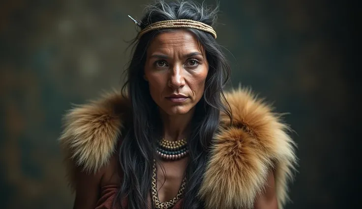  6500-year-old ancient female indigenous woman looking into the camera，He was wearing animal skins，Master videography