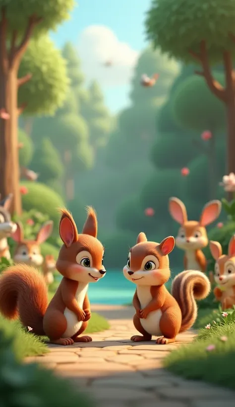 Squirrel, with a look of remorse and chipmunk are talking to each other in front of the other animals. 
Please create 3D cartoon