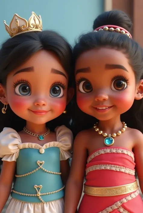 Blue eyed Cinderella baby and baby Moana stand side by side. Their faces close up  